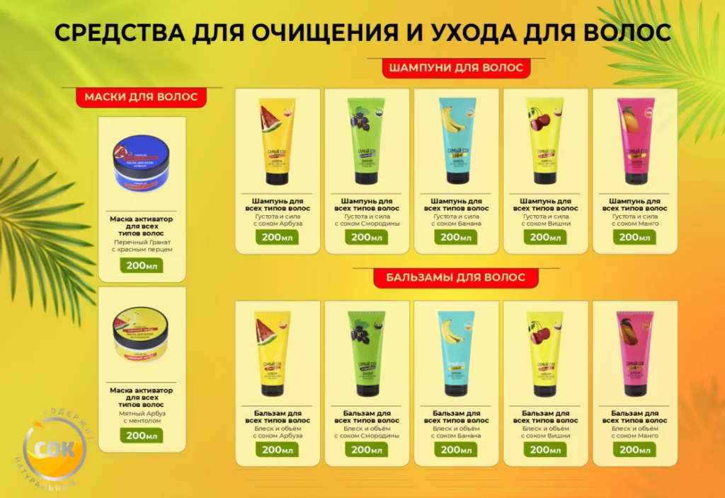 Средства для очищения и ухода для волос Самый Сок (шампуни, бальзамы)
