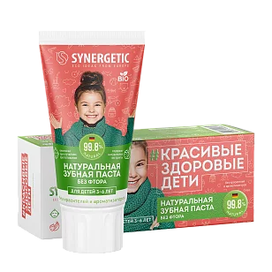 SYNERGETIC Зубная паста детская Клубничка и банан 3-6 лет (красная) 50г