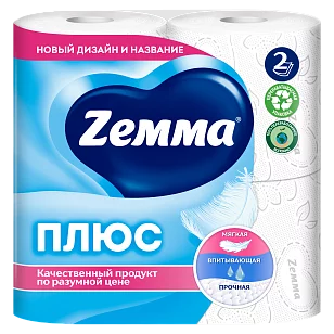 ZEMMA Плюс Туалетная бумага 2-слойная Белая 4шт