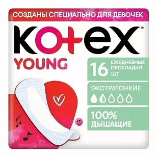 Kotex Прокладки ежедневные Young экстратонкие д/девочек 16шт