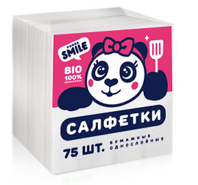 Panda Smile Салфетки бумажные 1-слойные 24х24см 75шт (состав: 100%, целлюлоза)