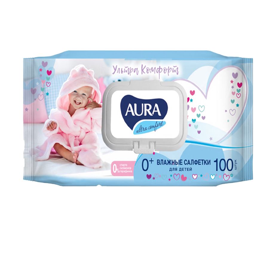AURA ULTRA COMFORT Влажные салфетки для детей с алоэ и витамином Е с крышкой, 100шт
