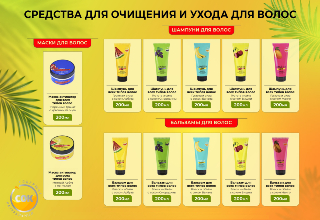 Средства для очищения и ухода для волос Самый Сок (шампуни, бальзамы)