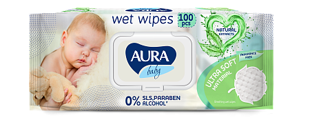AURA BABY Влажные салфетки для детей 0+ с Алоэ, 100шт