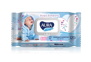 AURA ULTRA COMFORT Влажные салфетки для детей с алоэ и витамином Е с крышкой, 120шт