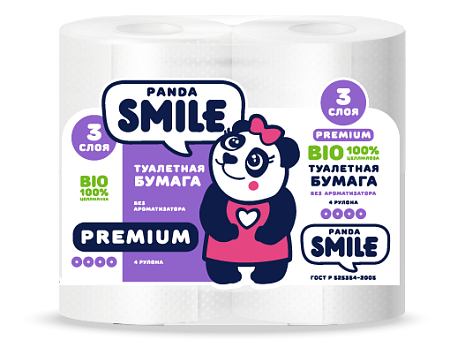 Panda Smile Туалетная бумага 3-слойная Белая, 4шт