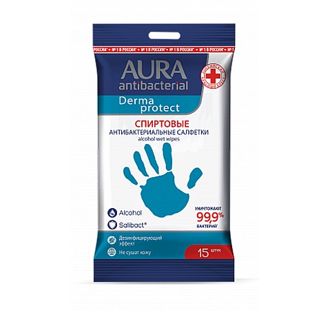 AURA Влажные салфетки антибактериальные Derma Protect Алоэpocket-pack, 15шт