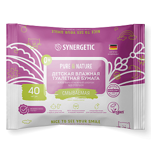 SYNERGETIC Влажная туалетная бумага детская Алоэ и нежный хлопок 40шт