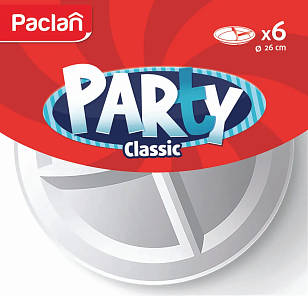 Paclan Party Тарелка пластиковая белая Classic 260мм 3-х секционная 6шт