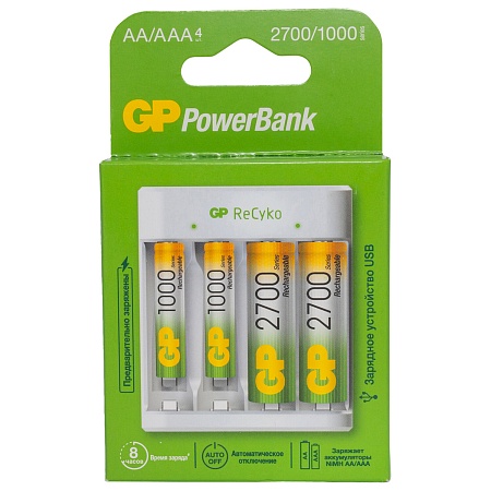 GP Powerbank Зарядное устройство Е411 для аккумуляторов АА и ААА, 2шт 1000AАA+2шт, 2700АА