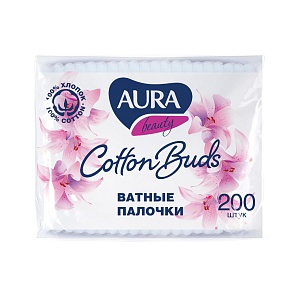 AURA Ватные палочки пэ пакет, 200шт