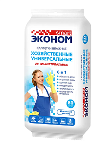 Эконом smart Салфетки влажные Хозяйственные 6 in 1 антибактериальные, 80шт