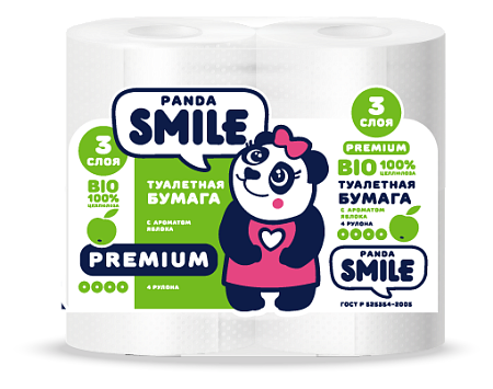 Panda Smile Туалетная бумага 3-слойная Яблоко, 4шт