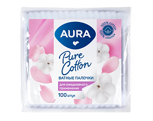 AURA Ватные палочки пэ пакет 100шт (24шт)