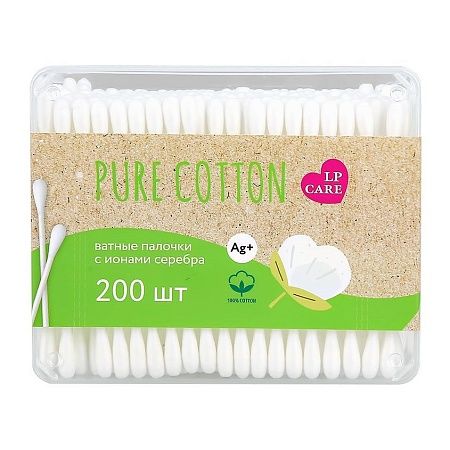 LP CARE Палочки ватные Pure cotton с ионами серебра в коробке, 200шт