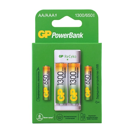 GP Powerbank Зарядное устройство Е211 для аккумуляторов АА и ААА, 2шт 650AАA+2шт, 1300АА