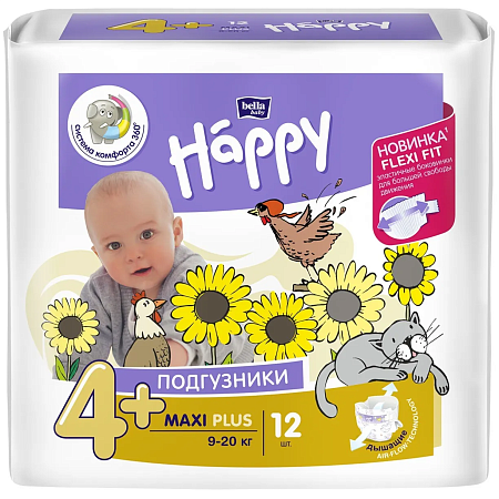 Bella Baby Happy Подгузники для детей Maxi Plus (9-20 кг), 12шт
