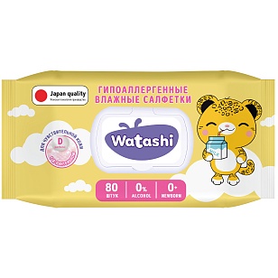 WATASHI Влажные салфетки для детей 0+ с Д-пантенолом big-pack с крышкой, 80шт