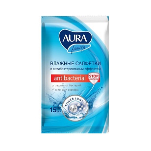 AURA Влажные салфетки c антибактериальным эффектом FAMILY, 15шт
