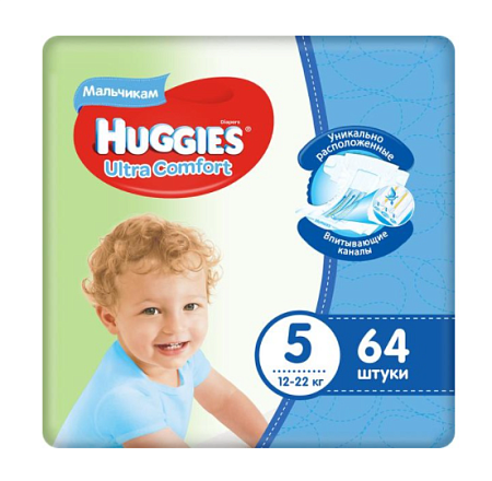Huggies Ultra Comfort Подгузники для мальчиков 5 размер (12-22кг), 64шт