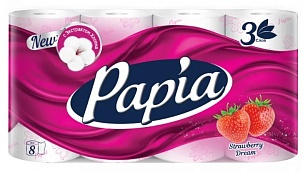 Papia Туалетная бумага 3-слойная Клубичная мечта, 8шт