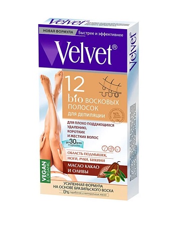 Velvet Восковые полоски для депиляции для плохо поддающихся удалению,коротких и жестких волос, 12шт