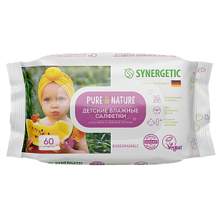SYNERGETIC Салфетки влажные детские Алоэ и нежный хлопок 60шт