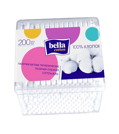 Bella cotton Ватные палочки 200шт (коробка, квадрат)