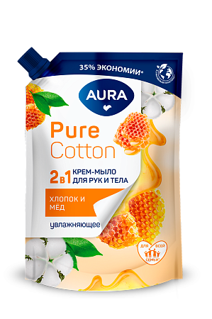 AURA Pure Cotton Крем-мыло 2в1 для рук и тела Хлопок и мёд Дой-пак, 450мл