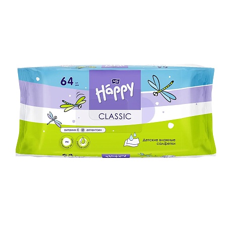 Bella Baby Happy Classic  Детские влажные салфетки с витамином Е и аллантоином, 64шт