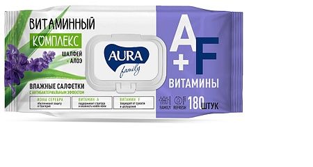 AURA FAMILY Влажные салфетки для всей семьи с антибактериальным эффектом big-pack с крышкой, 180шт